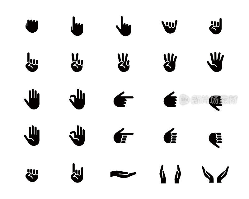 Set of hand icons in various poses such as pieces, numbers, points and fists